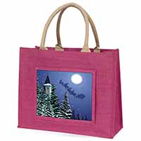 Christmas Eve Santa on Sleigh Large Pink Jute Shopping Bag