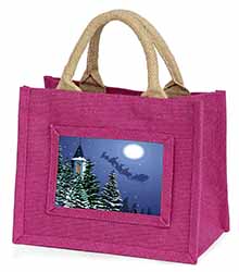 Christmas Eve Santa on Sleigh Little Girls Small Pink Jute Shopping Bag