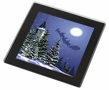 Christmas Eve Santa on Sleigh Black Rim High Quality Glass Coaster