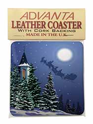 Christmas Eve Santa on Sleigh Single Leather Photo Coaster