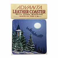 Christmas Eve Santa on Sleigh Single Leather Photo Coaster