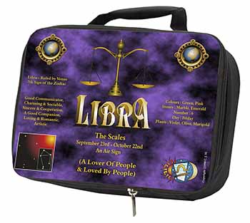 Libra Star Sign of the Zodiac Black Insulated School Lunch Box/Picnic Bag